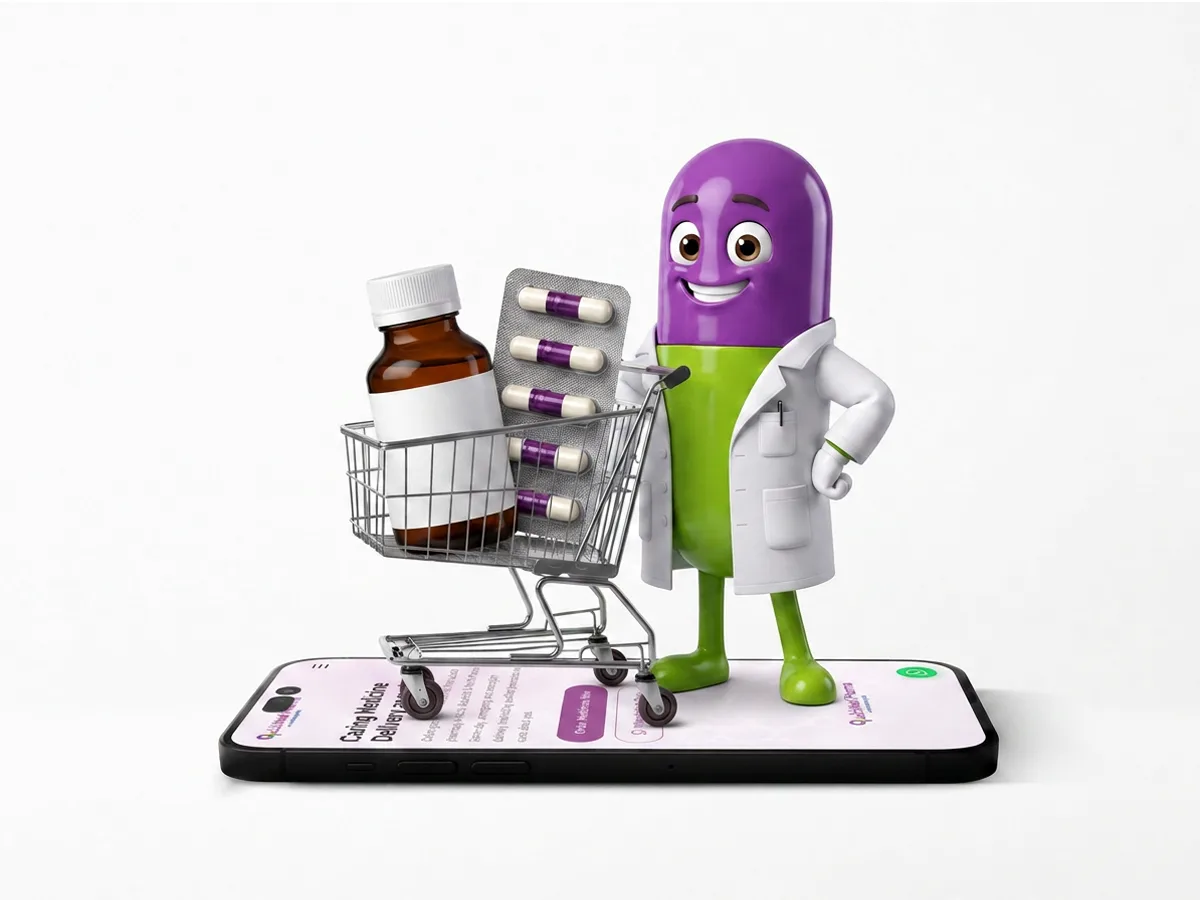 Quickmed Pharma pharmacist mascot with a trolley of medicines stepping out of a phone