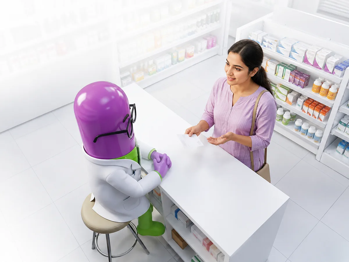 Quickmed Pharma pharmacist advising a customer across the pharmacy counter