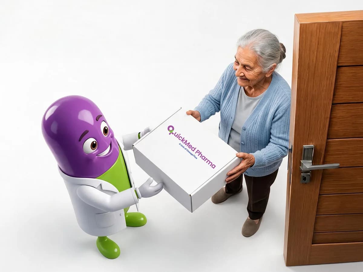 Quickmed Pharma handing a monthly medicine refill box to an elderly customer at her door