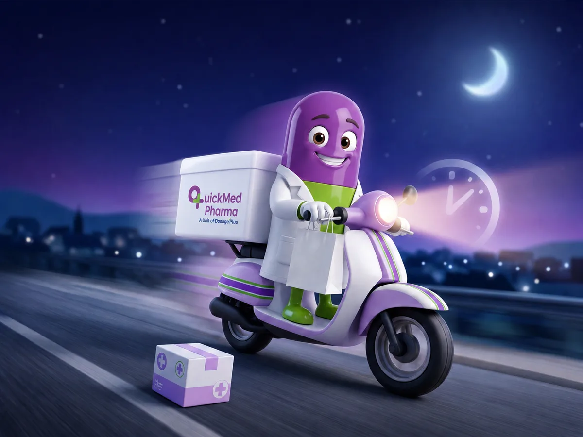 Quickmed Pharma delivery scooter carrying a medicine box through Kochi at night