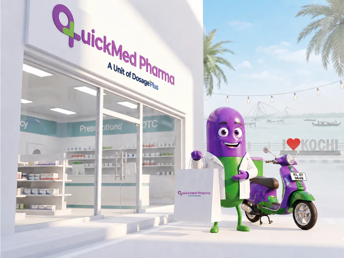 Quickmed Pharma store in Kochi with a delivery scooter outside, near the Chinese fishing nets