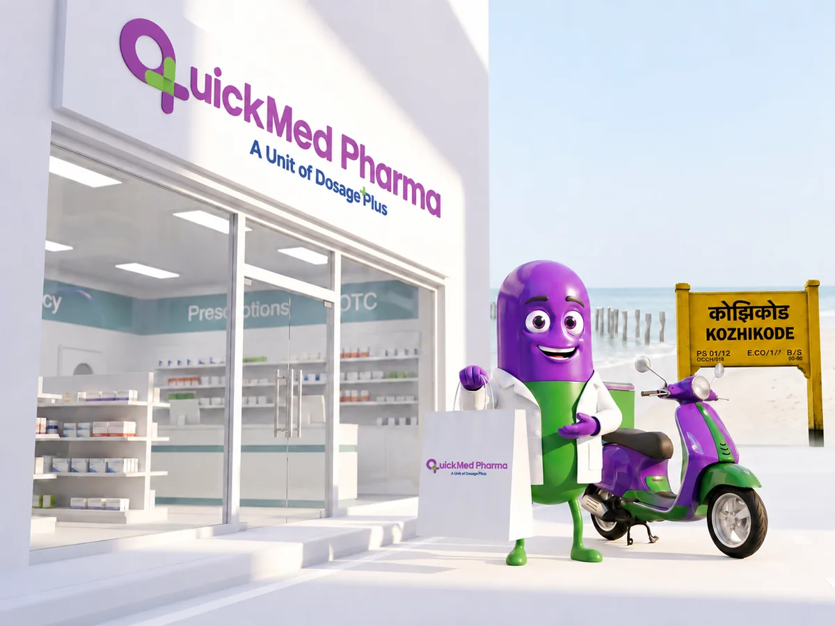 Quickmed Pharma store in Kozhikode with a delivery scooter beside the Kozhikode beach signboard