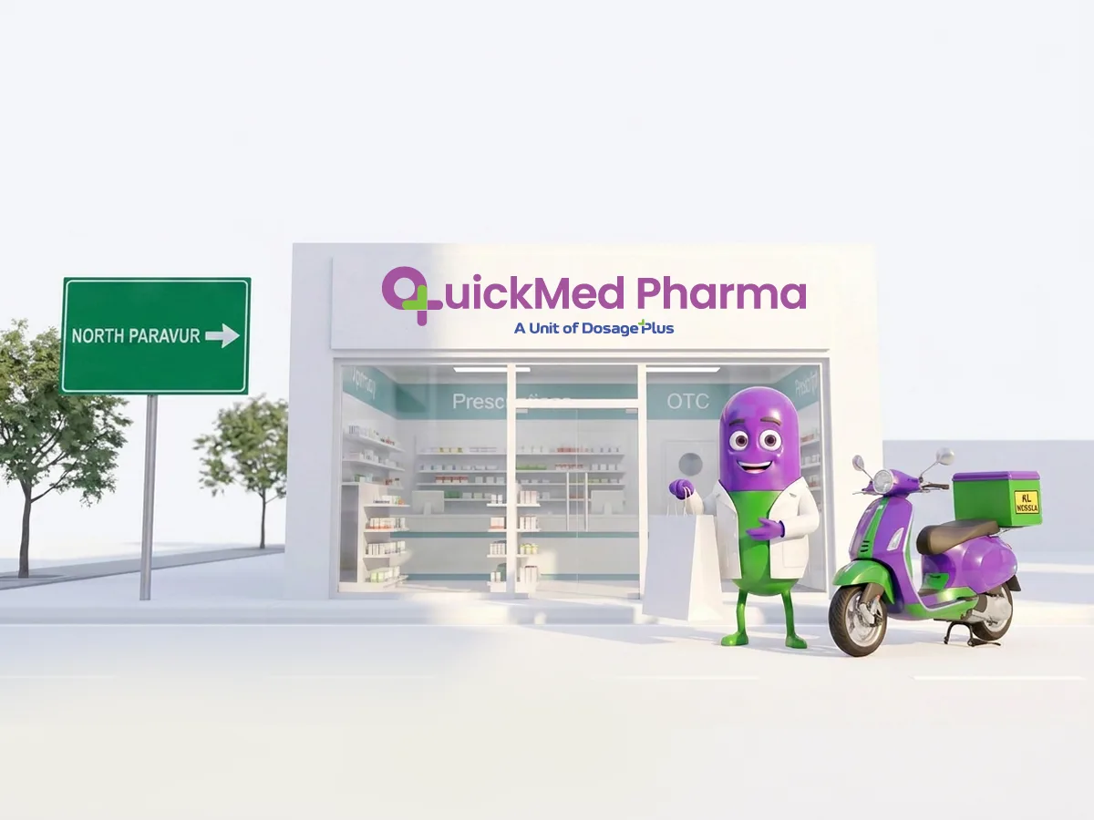 Quickmed Pharma store in North Paravur with a delivery scooter and a North Paravur road sign
