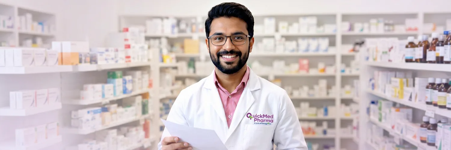 Quickmed Pharma pharmacist holding a prescription in front of stocked medicine shelves, Kerala