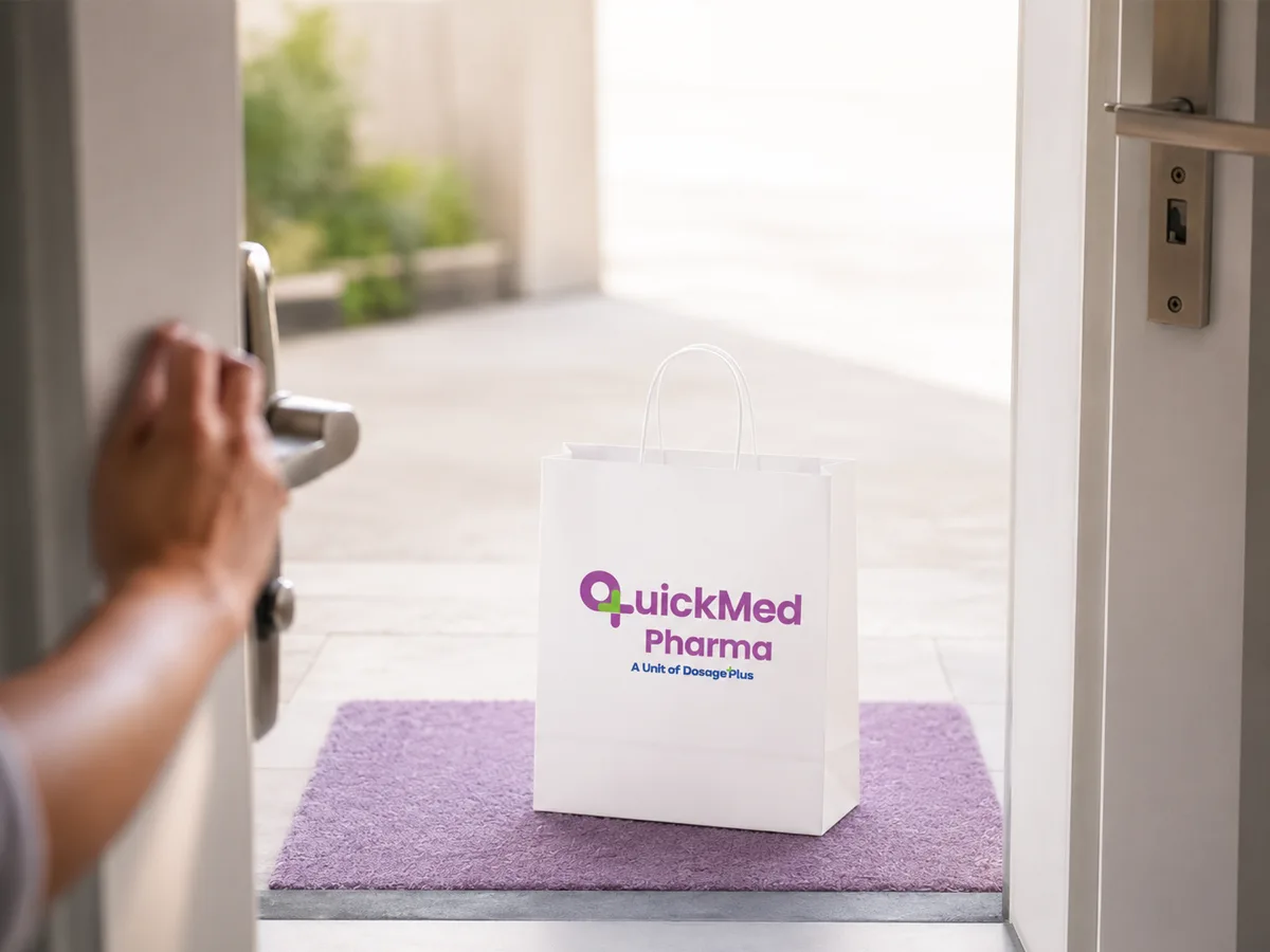 Quickmed Pharma prescription medicine bag delivered to a customer's doorstep