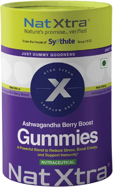Nat Xtra Ashwagandha Berry Boost gummies jar, Quickmed Pharma