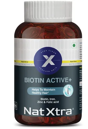 Nat Xtra Biotin Active+ supplement bottle, Quickmed Pharma