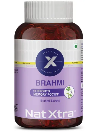 Nat Xtra Brahmi IQ Boost supplement bottle, Quickmed Pharma