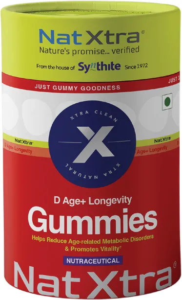 Nat Xtra D Age+ Longevity gummies jar, Quickmed Pharma
