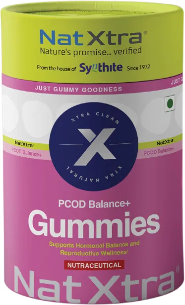 Nat Xtra PCOD Balance+ gummies jar, Quickmed Pharma