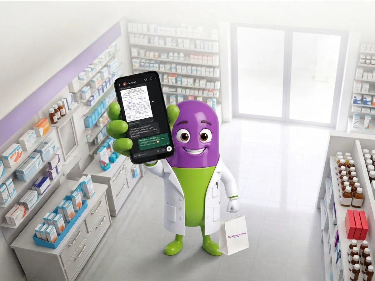 Quickmed Pharma pharmacist showing a prescription sent over WhatsApp on a phone inside the pharmacy